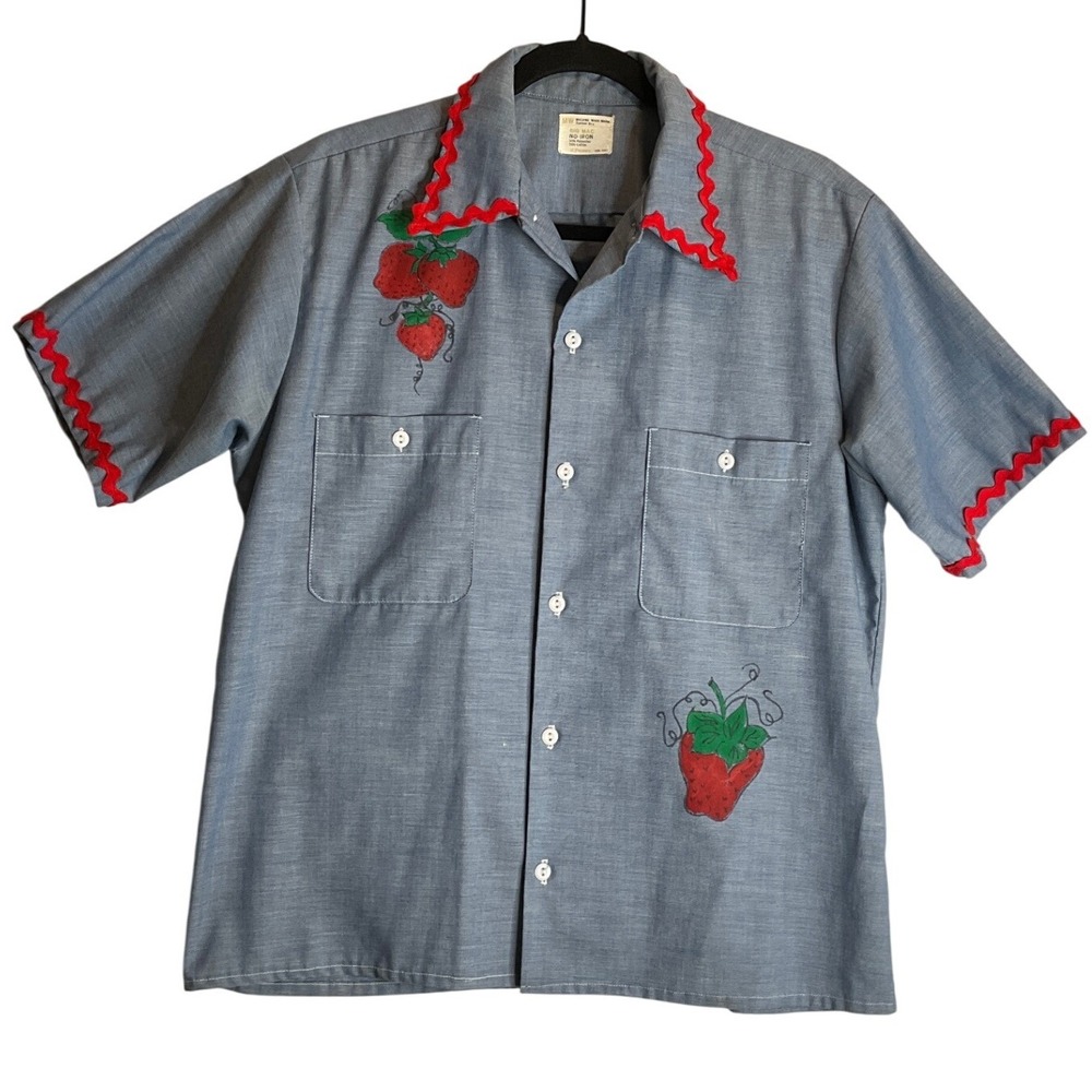 Vtg Big Mac No Iron JCPenny Short Sleeve Button Up Shirt Rick Rack Strawberry XL